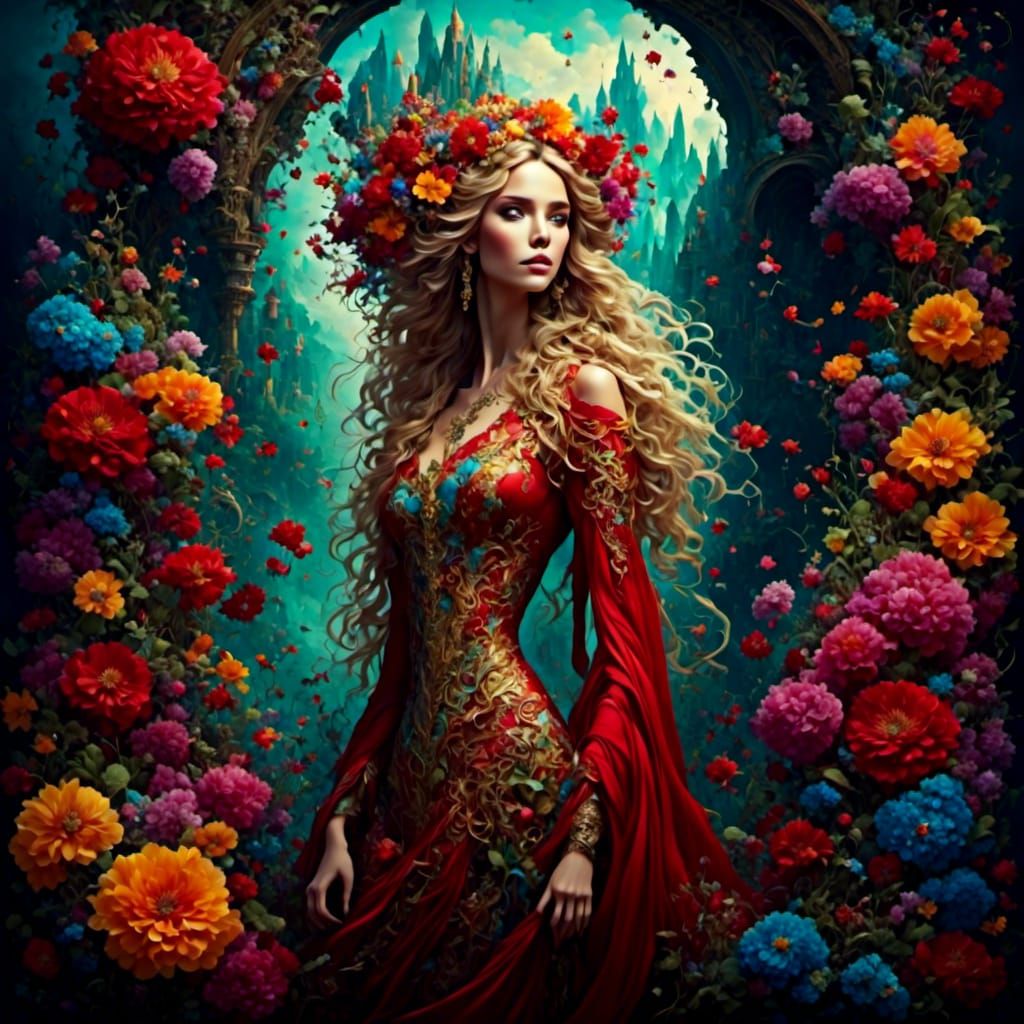 Elf Woman in Flower Dress, Maximalist Oil Painting
