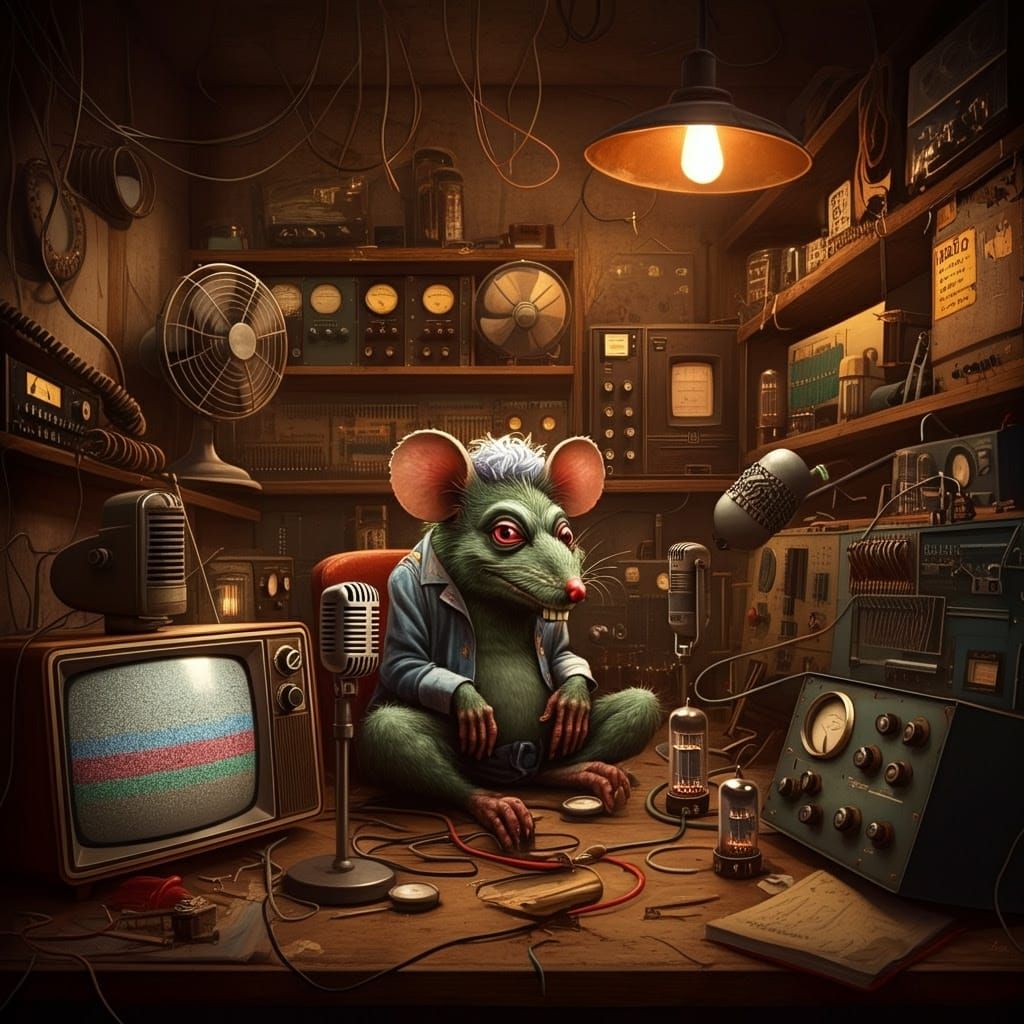 RatFink Amidst Vintage Radio Equipment in Retro Radio Havana...