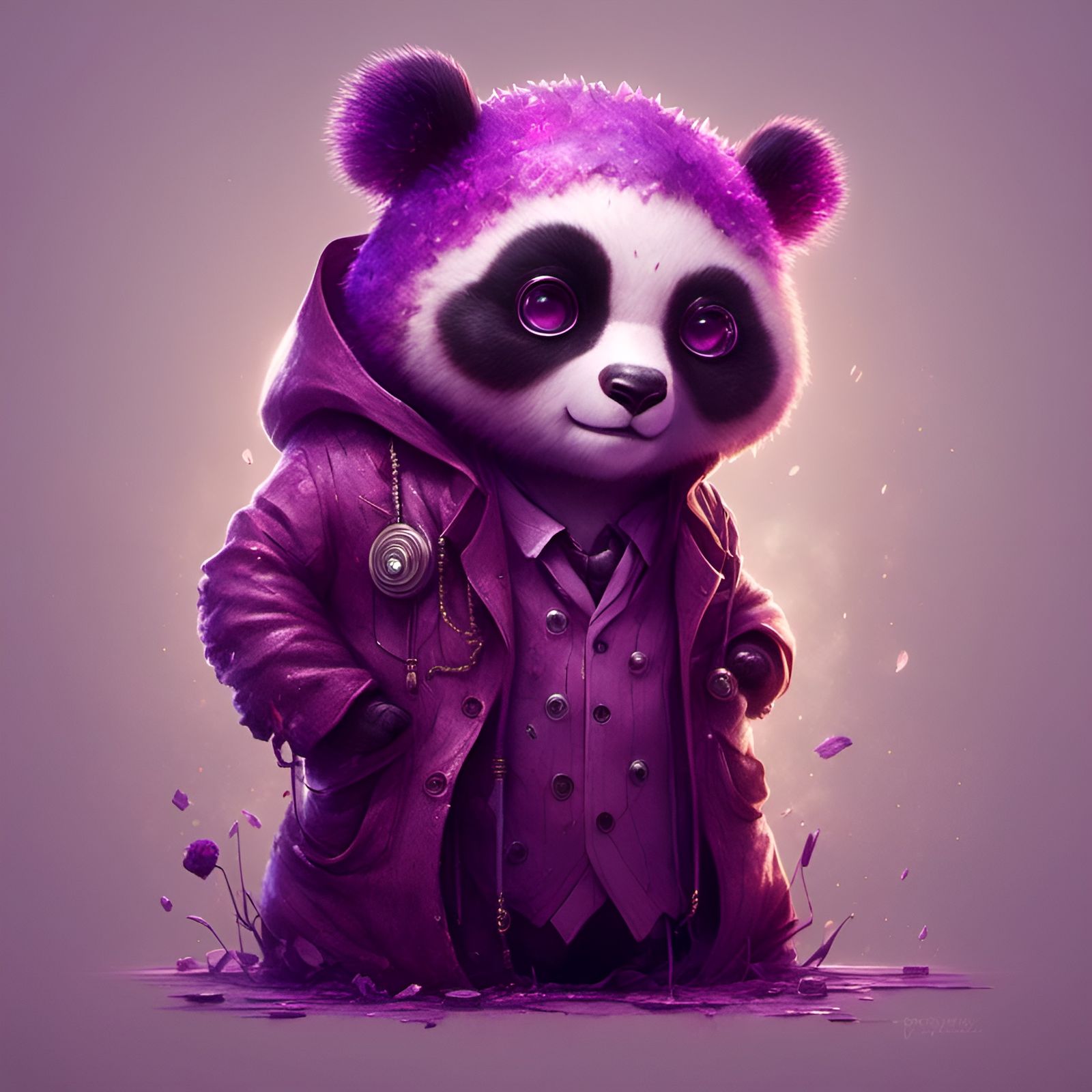 Anthropomorphic Purple Panda Bear in Trench Coat