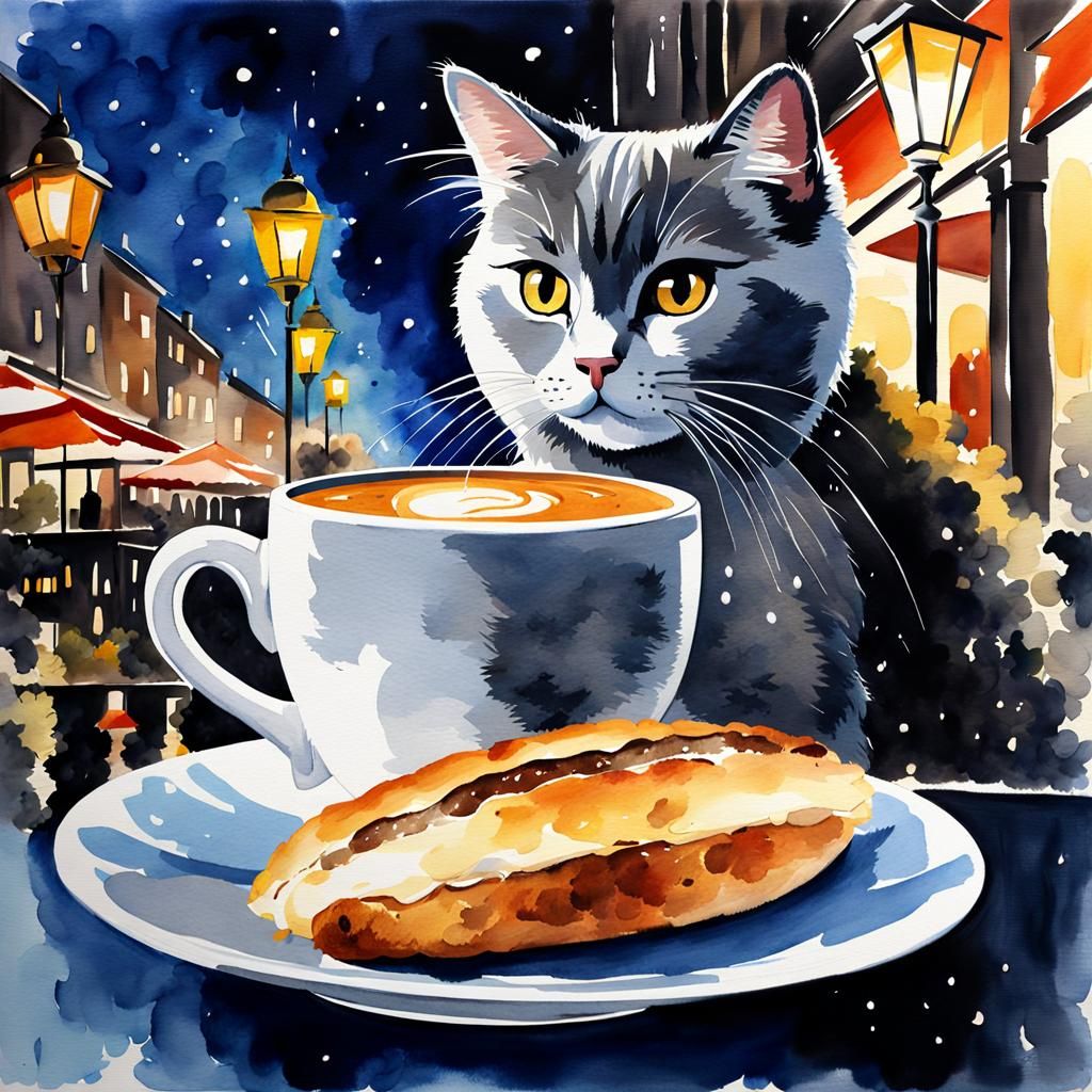 Night Cafe Scene in Watercolor Style