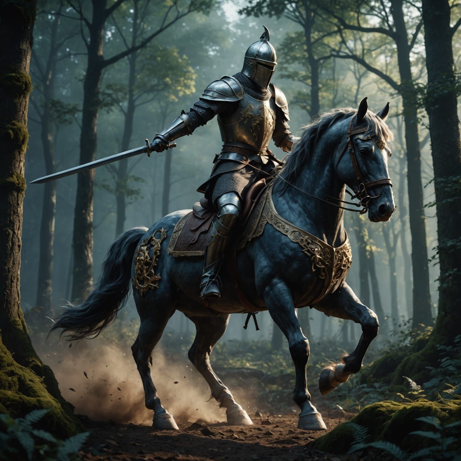 Heroic Knight Rides Through Magical Forest