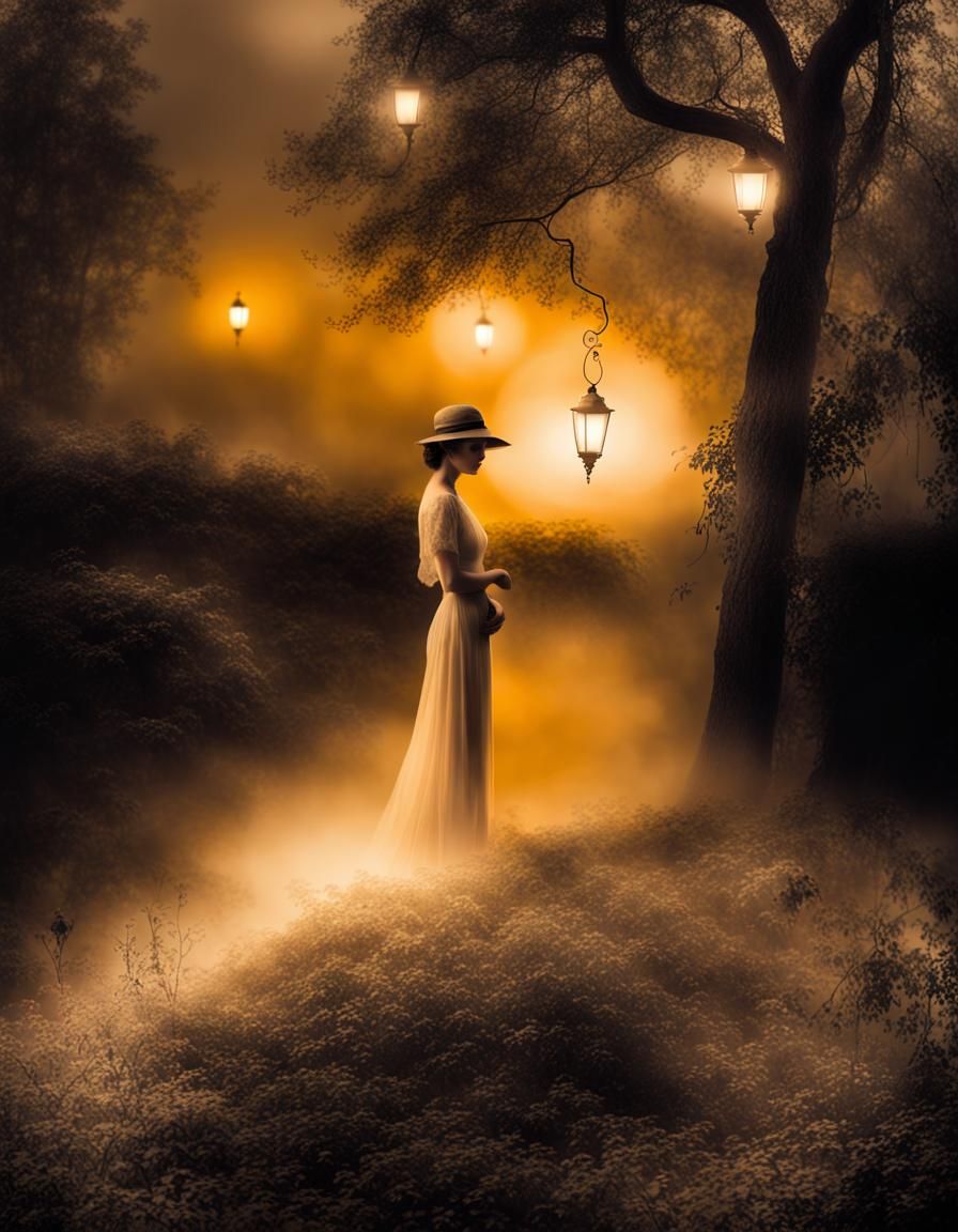 Ethereal Woman in Moonlit Garden: Vintage Sepia Photograph