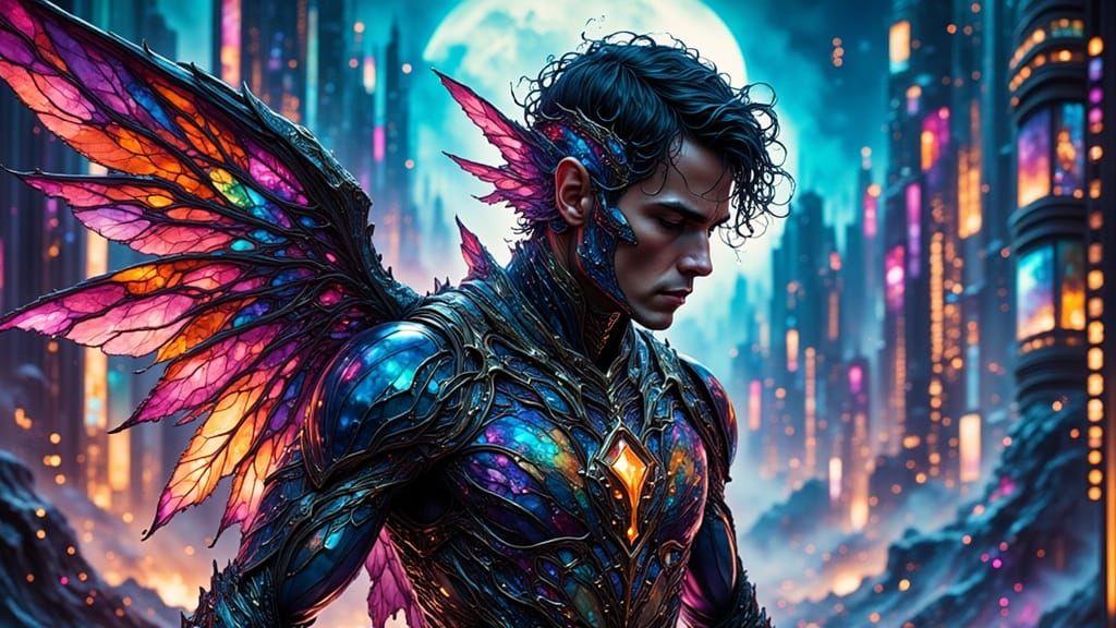 Glitched Cyberangel in Collapsed Neon Cityscape