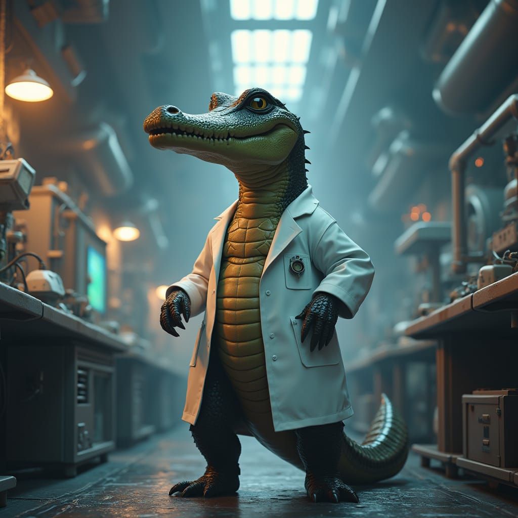 Alligator Scientist in Futuristic Lab: Matte Painting