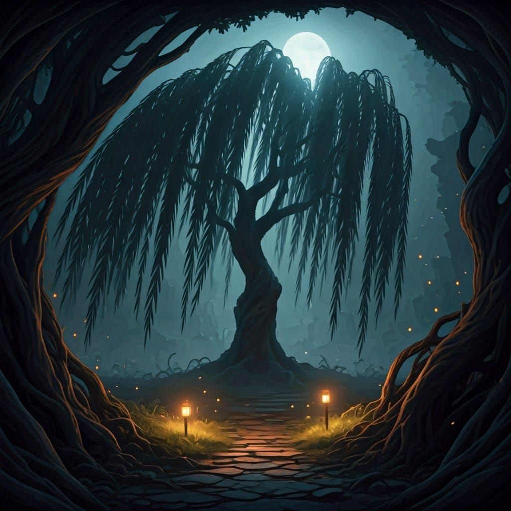 Misty Forest: Willow Tree in Romantic Nocturne