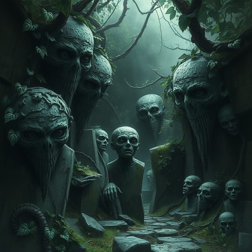 Sinister Statues Lurk in Overgrown Gothic Garden