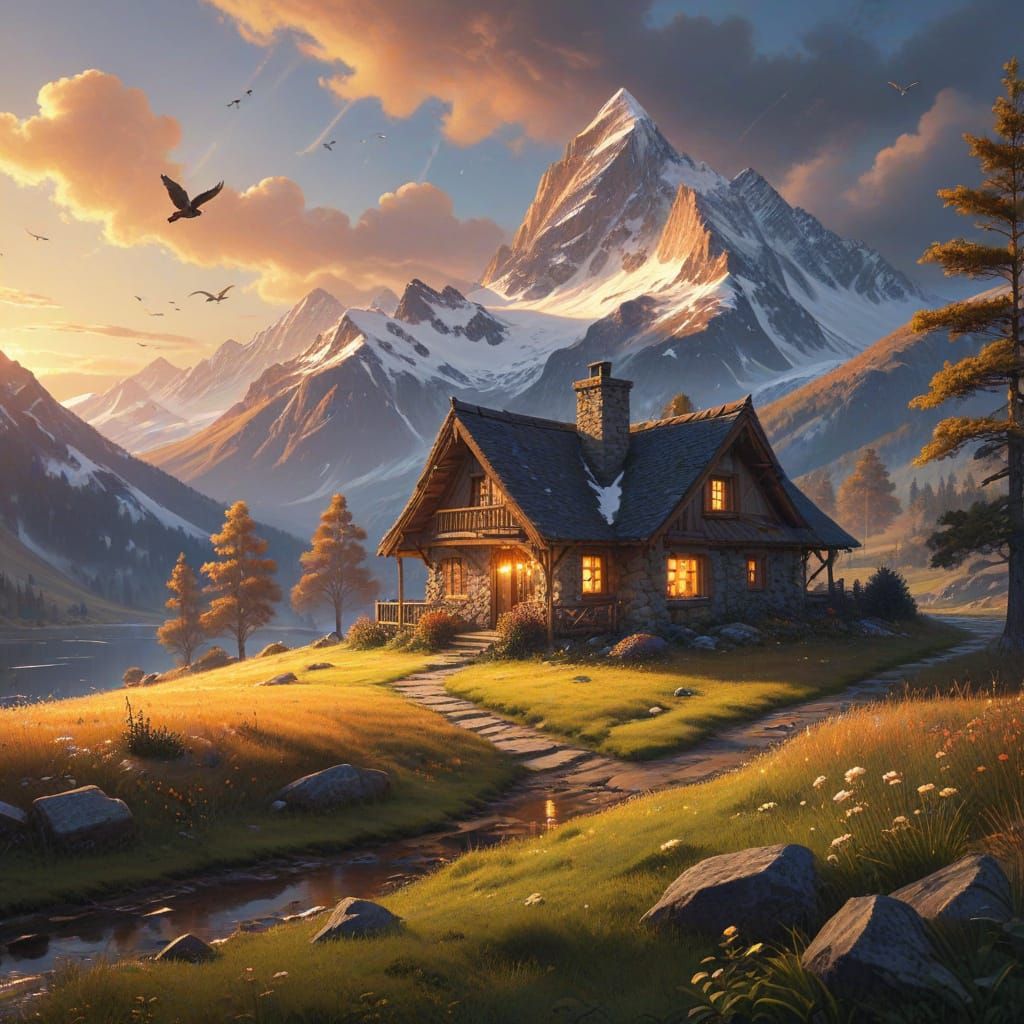 Concept Art Sunrise Over Mountain Cottage