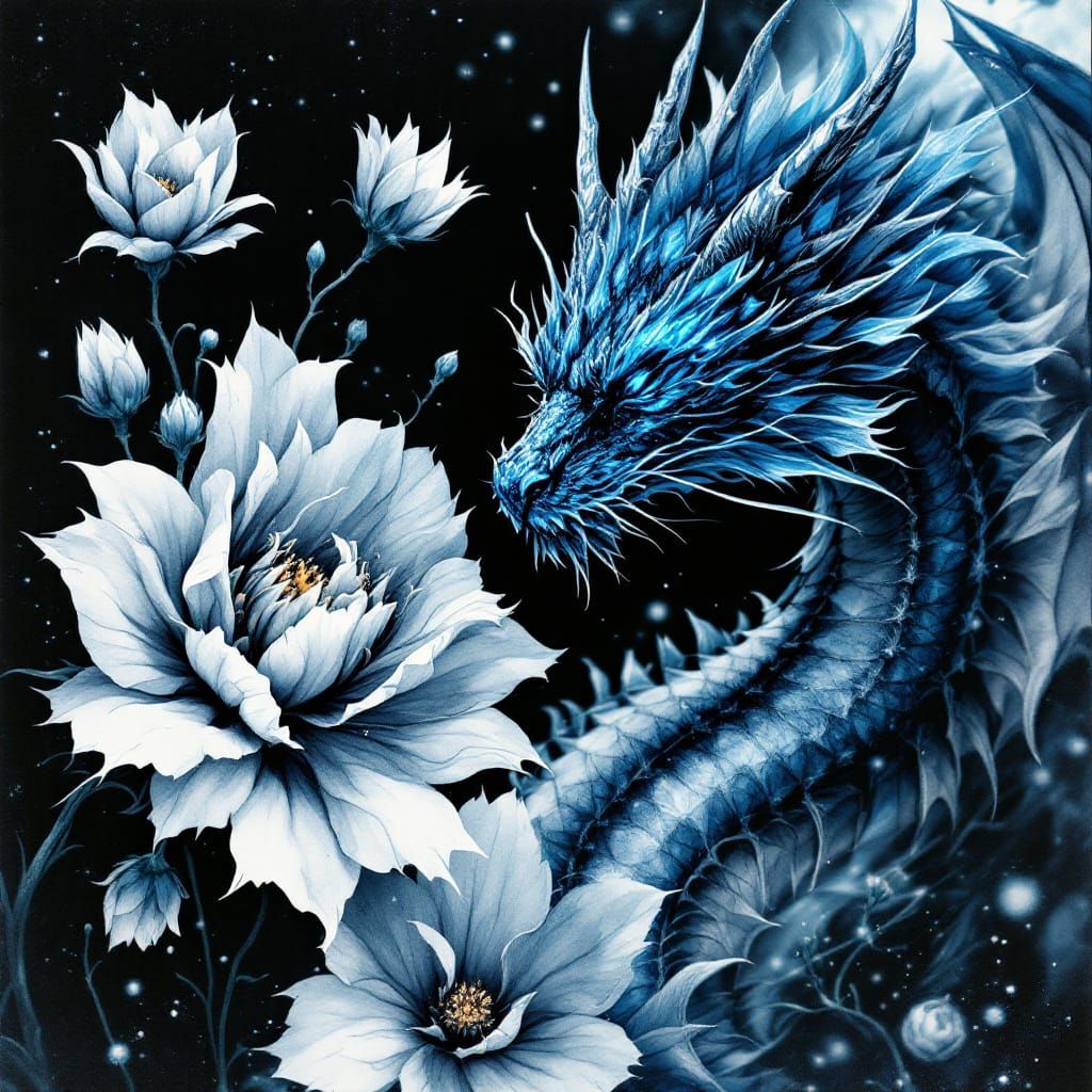 Sapphire Dragon Guardian in Baroque Floral Scene