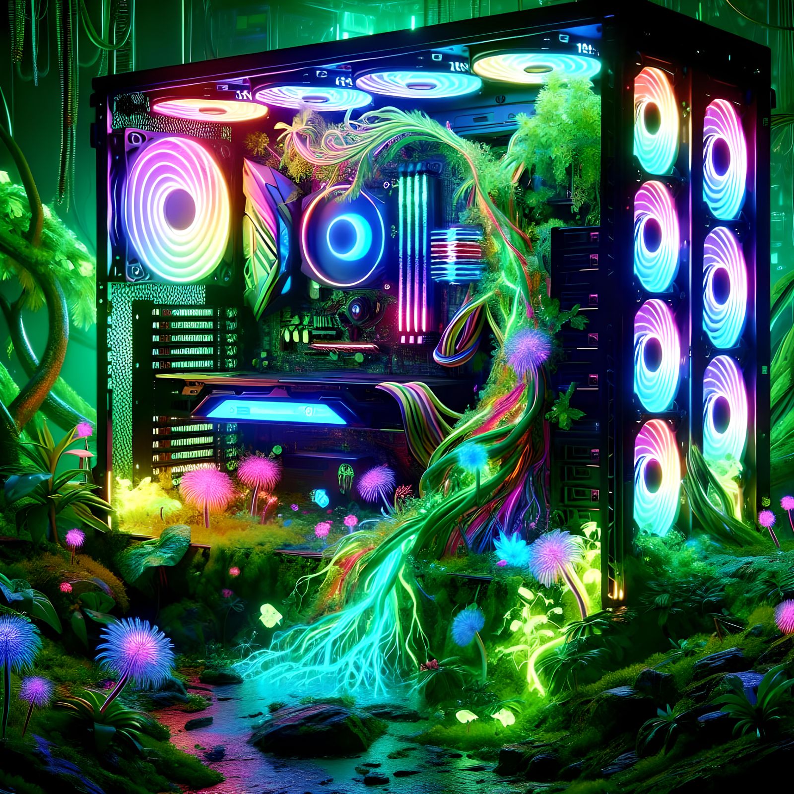 Bioluminescent Jungle Thrives Inside Gaming PC: Fantasy Art