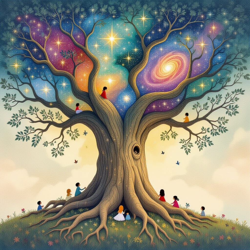 Ancient Cosmic Tree Adorned with Celestial Bodies