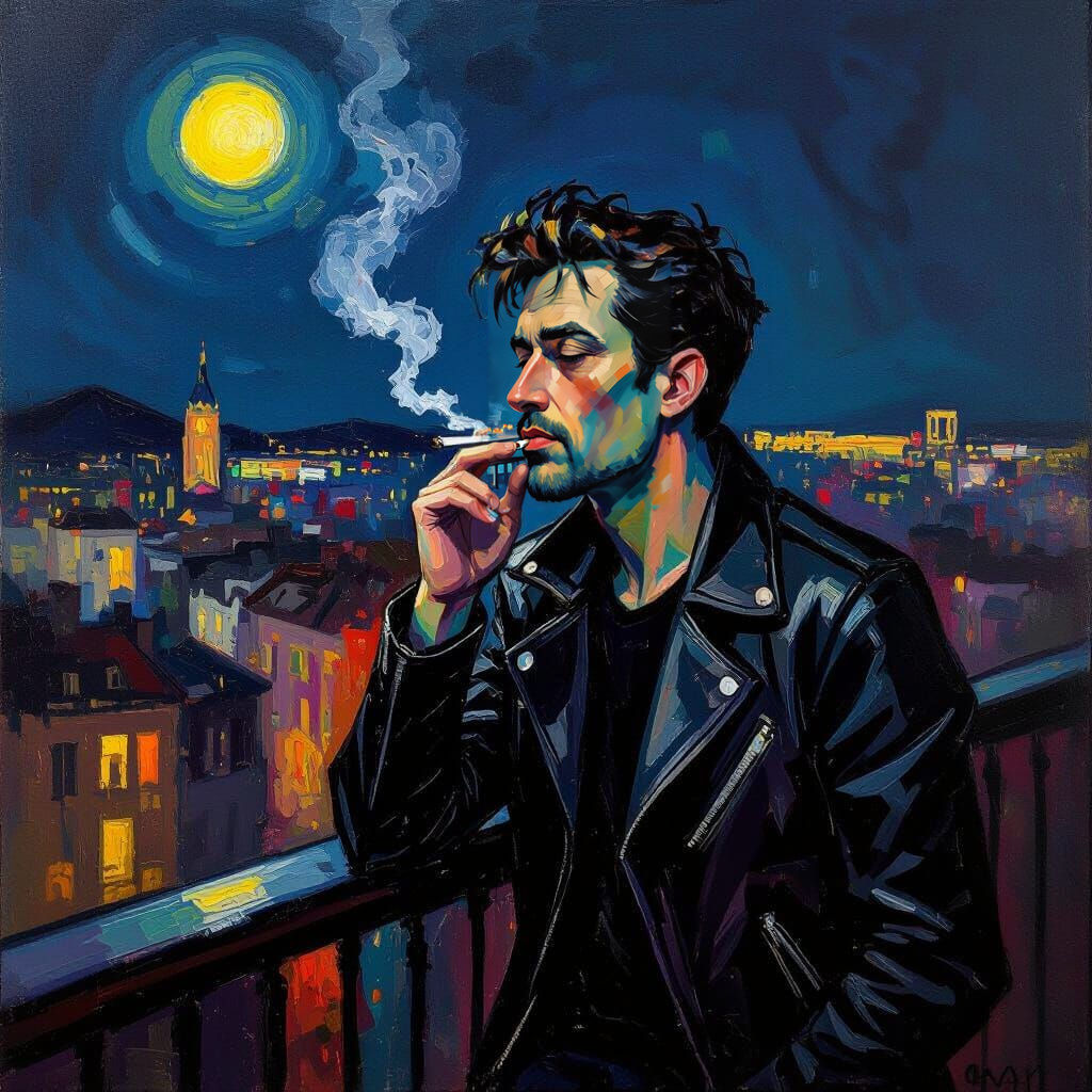 Man Smoking on Balcony in Expressionist Oil Painting