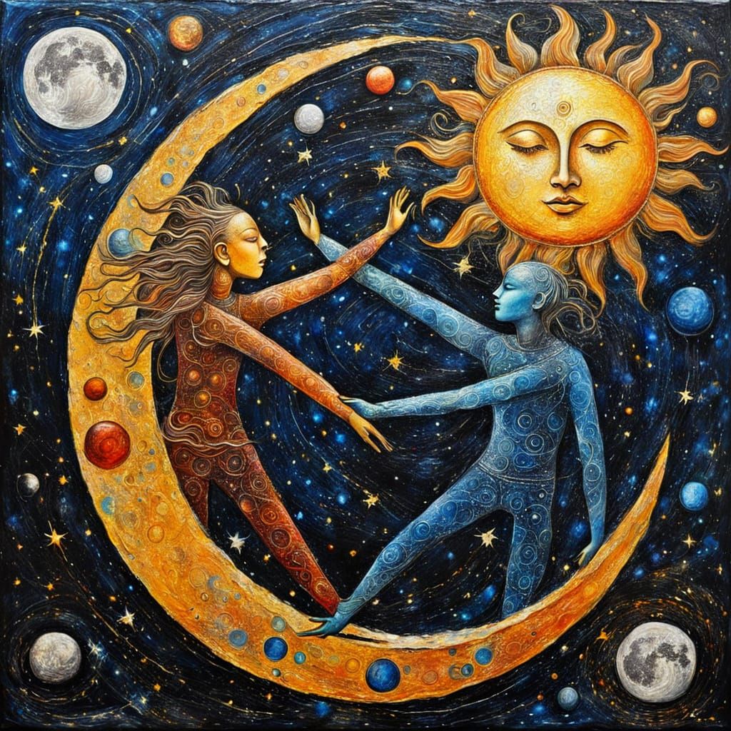 Sun and Moon Dance in Solar System, Naive Encaustic Painting