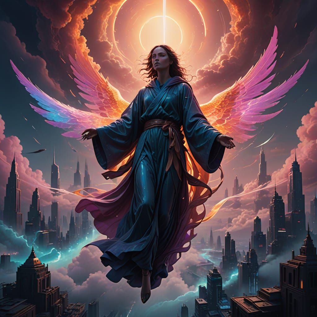 Ethereal Angelic Figure in a Vortex of Iridescent Clouds