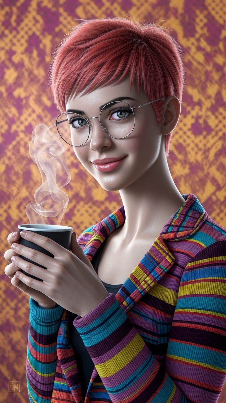 Neon Haired Woman with Coffee, as Oil Painting