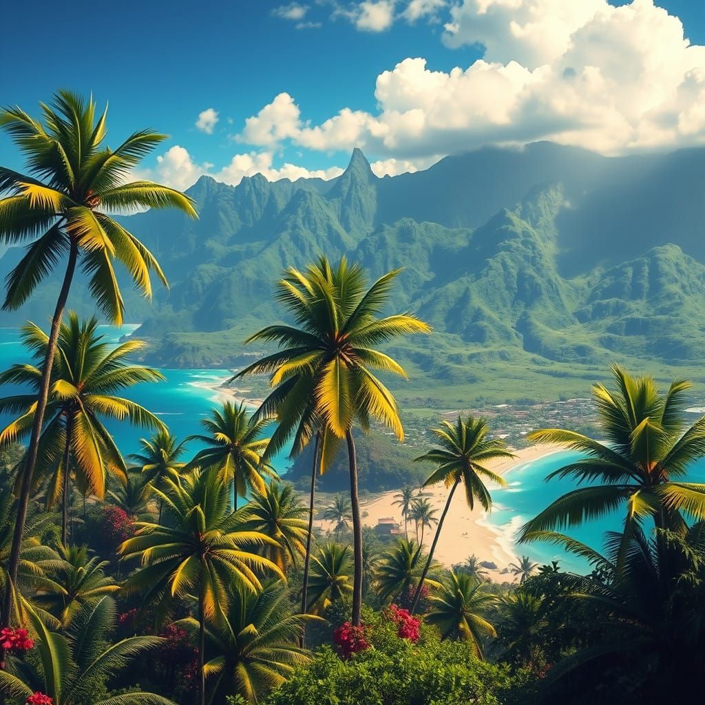 Majestic Hawaiian Island Landscape in Vibrant Fantasy Style