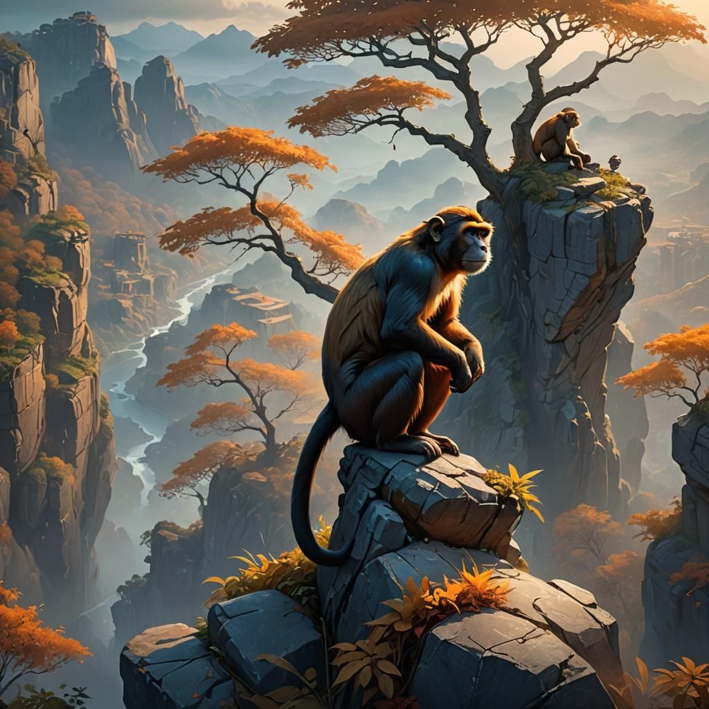 Fantasy Monkey Cliffside Landscape: Detailed Matte Painting