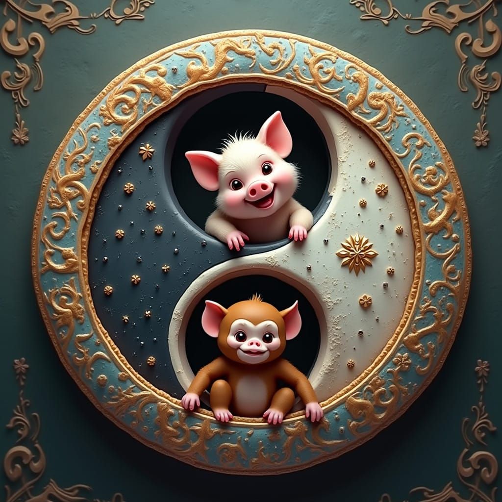 Fantasy Yin Yang Symbol with Joyful Pig and Mischievous Monk...