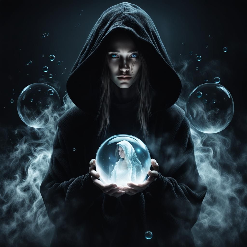 Hooded Woman in Magical Bubble: Dark Fantasy Art