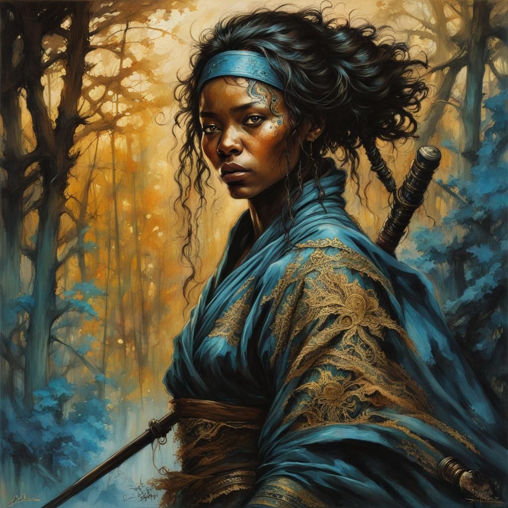 Bioluminescent Ninja in Mystical Forest, Lace Art Style