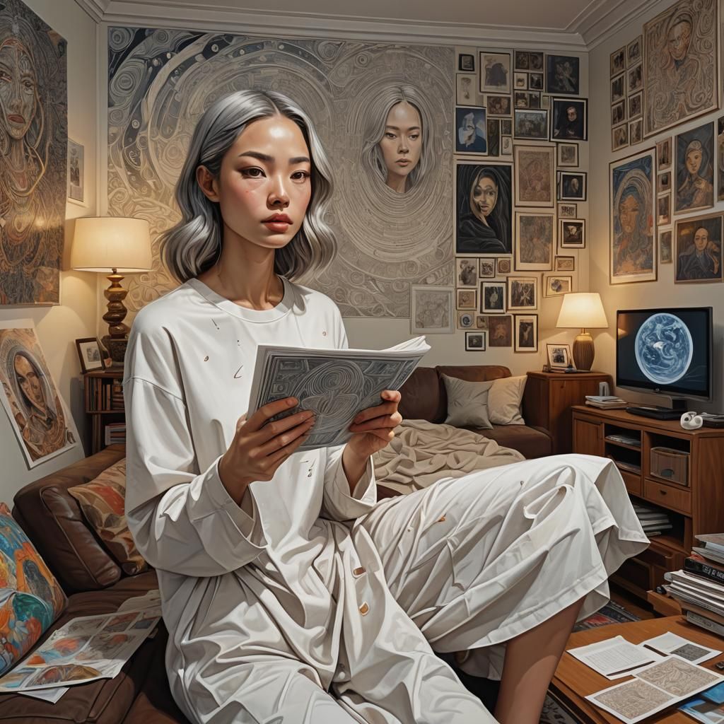 Surprised Woman in Minimalist Flat, Detailed Matte Painting