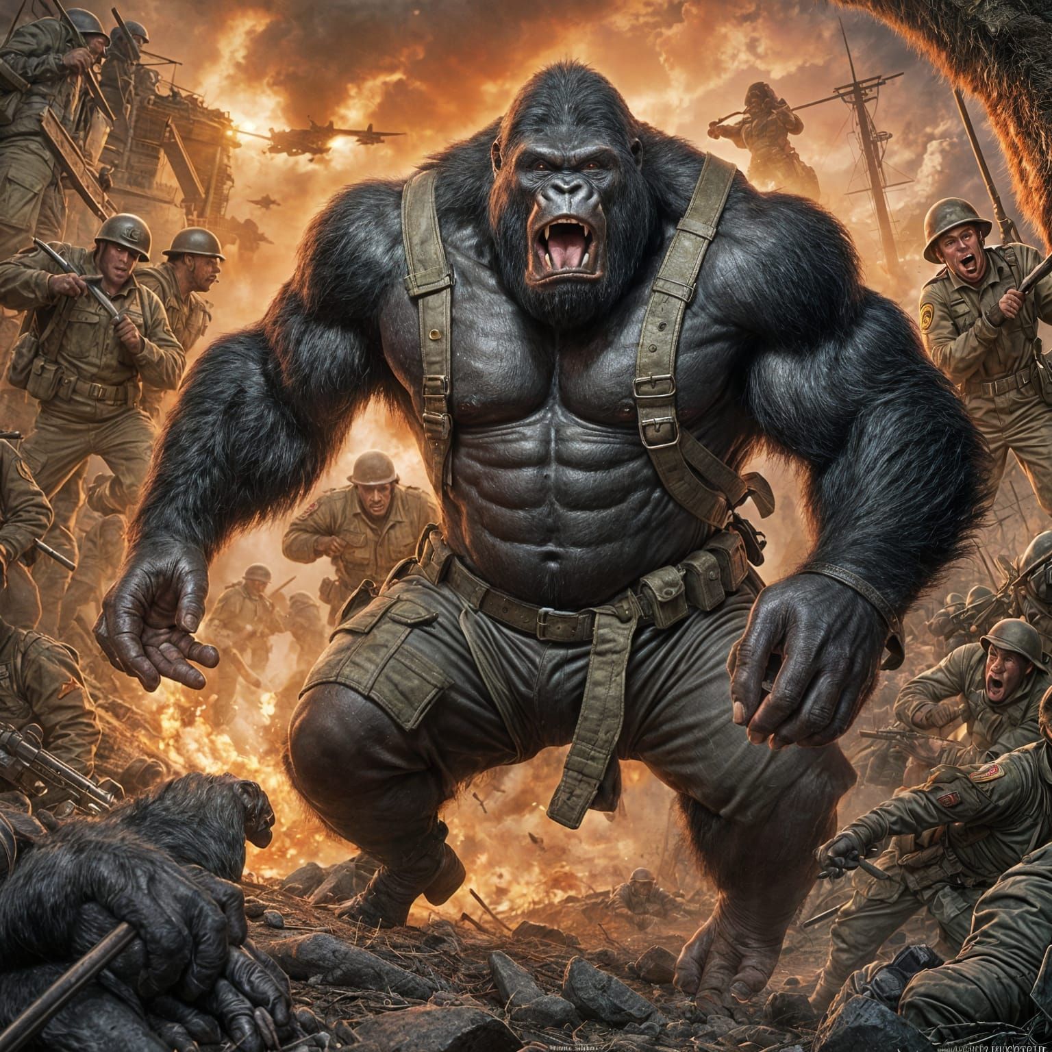 <lora:Thriller Fantasy:1.0> <lora:AnimationXL:1.0> A gorilla, dressed as a WWII American soldier fighting hand to hand i...