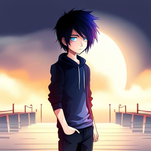 Anime Emo Boy in Stormy Night Scene