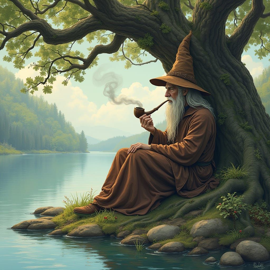 Wizard Relaxing by Lake in Whimsical Style