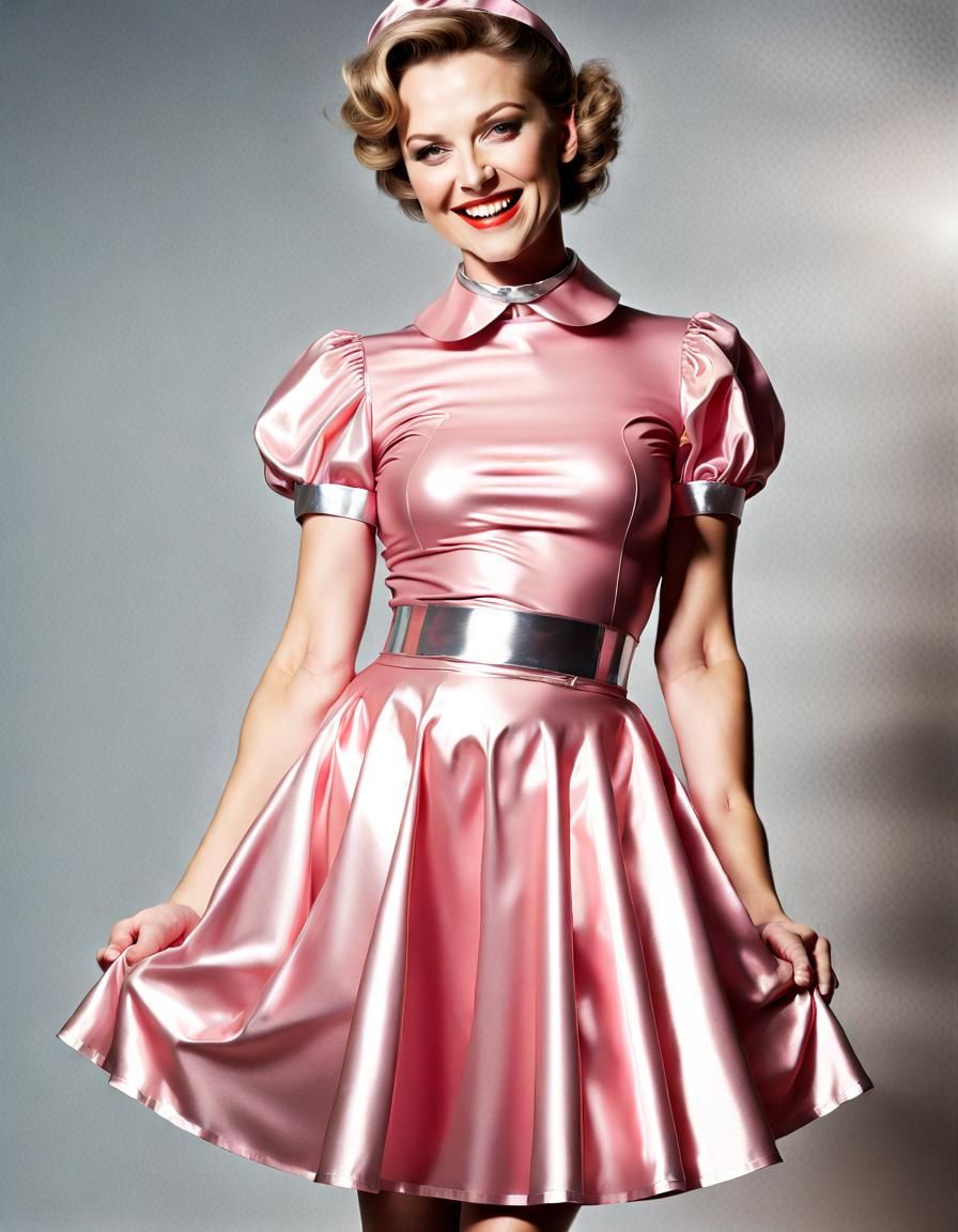 Woman in Shiny Pink Plastic Maid Dress