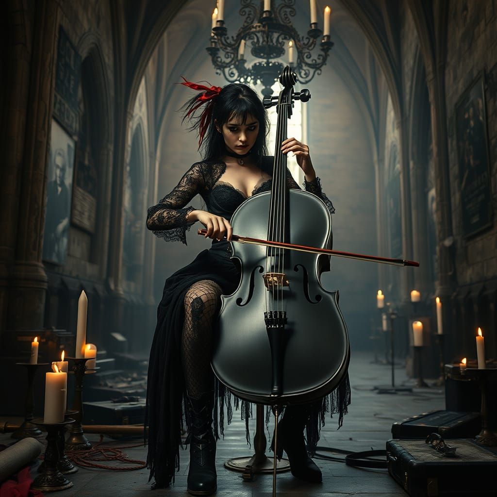 Gothic Cellist in Decayed Cathedral Venue