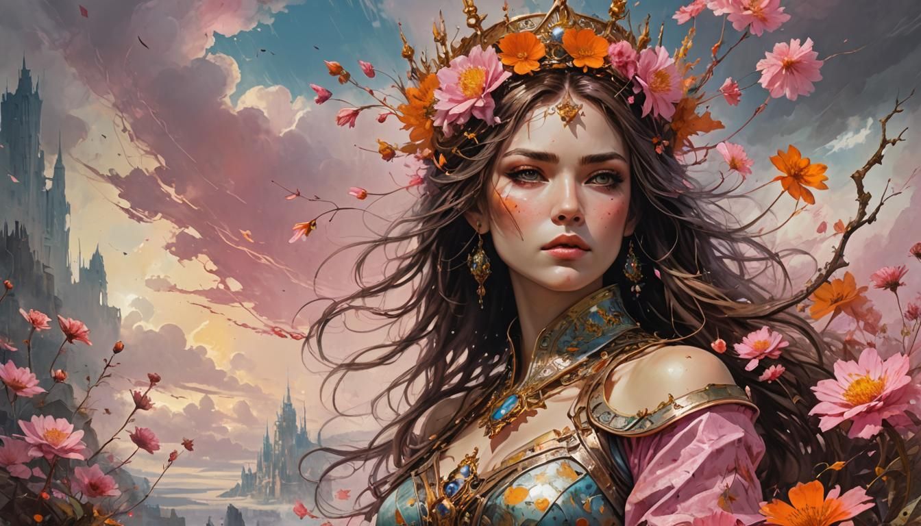 Futuristic Princess with Flowers in Hyperrealistic Style