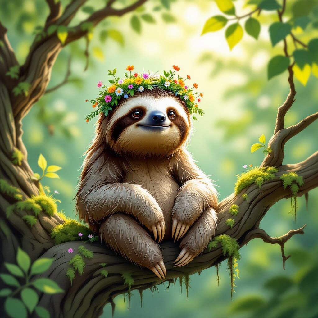 Wise Sloth in Moss Crown on Ancient Branch, Soft Painterly S...