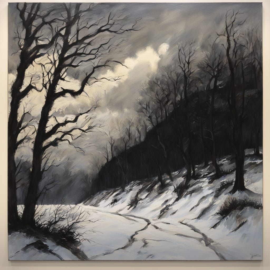 Surreal Landscape with Charcoal Silhouettes on a Leaden Sky