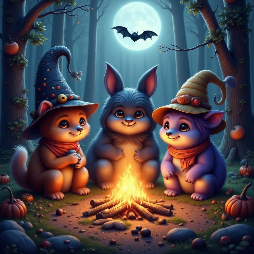 Halloween Forest Animals Gathered Around Campfire