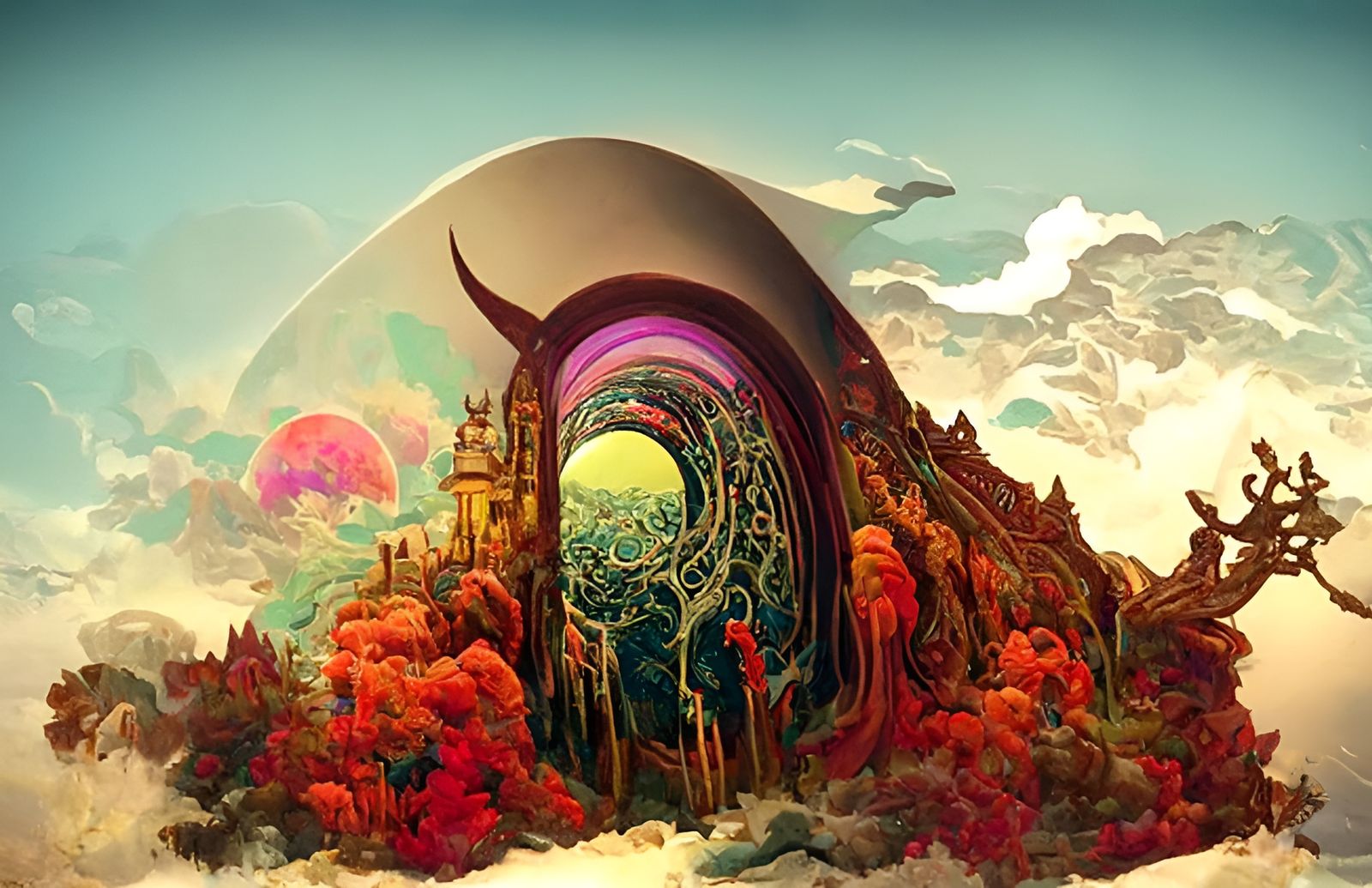 Enigmatic Fantasy Dreamscape in Psychedelic Surrealism Style