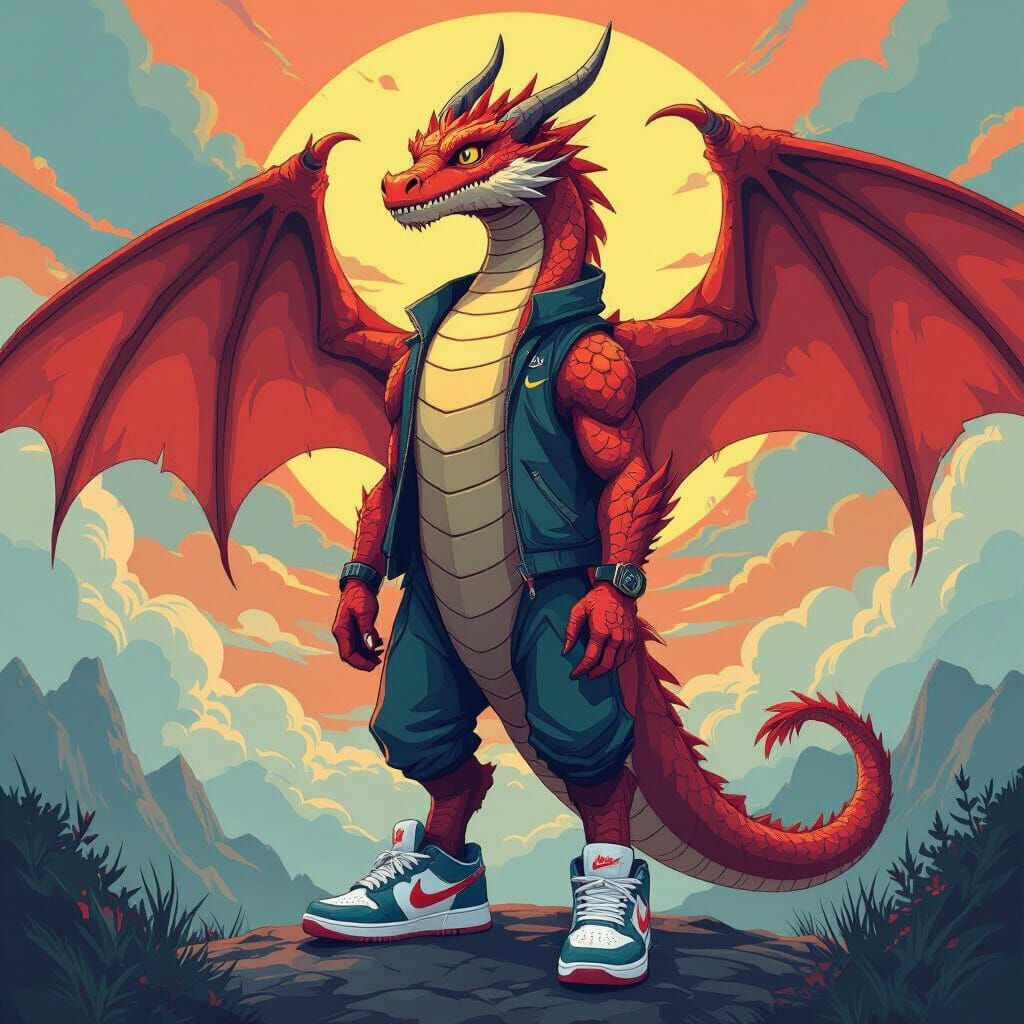 Heroic Dragon in Nike Sneakers: Stylized Illustration