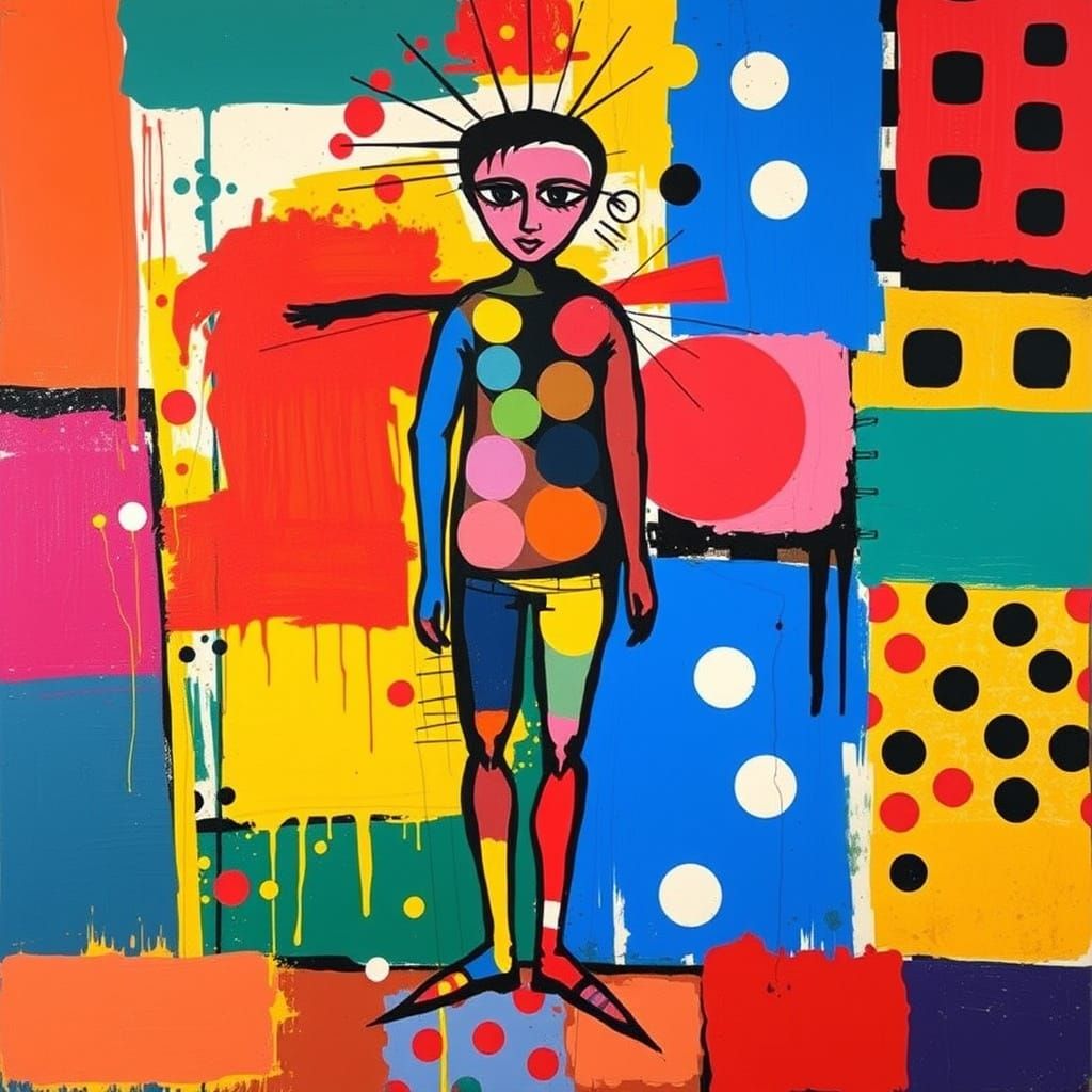 Abstract Figure with Brushstrokes and Polka Dots