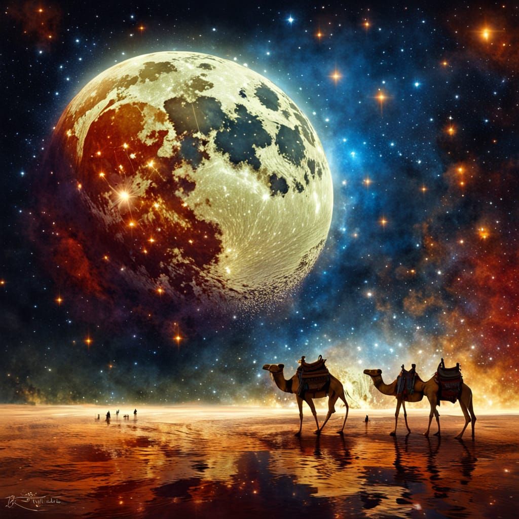 Camels Under a Gigantic Moonlit Starry Night
