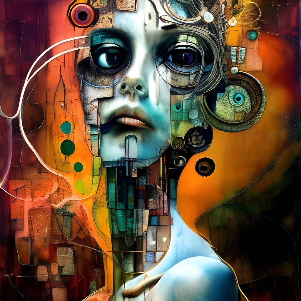 Surreal Woman Portrait with Geometric Ink Drips