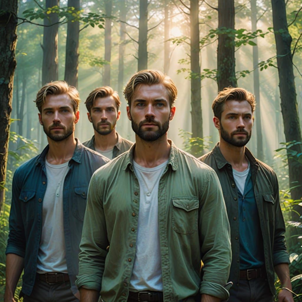 Handsome Men in Idyllic Morning Forest Scene