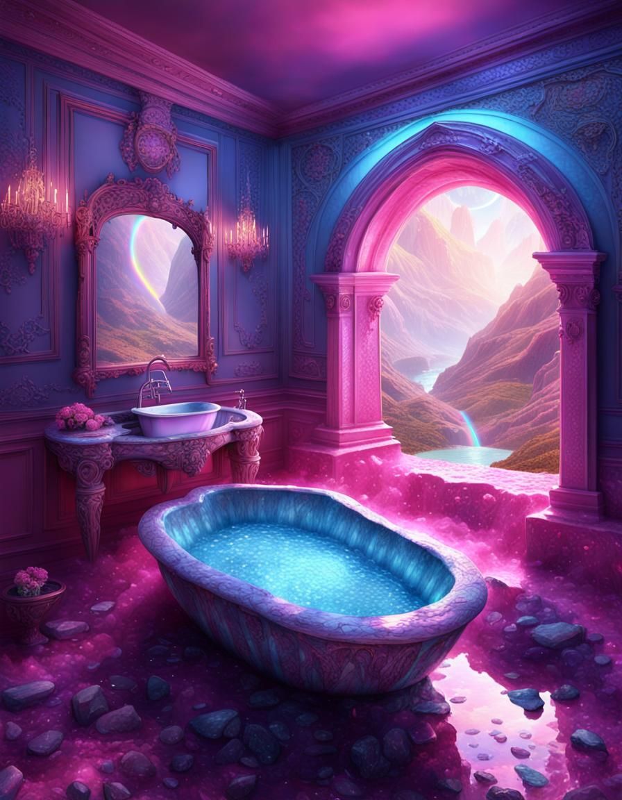 Blue Man Exits Alabaster Tub with Waterfall in Unreal Engine