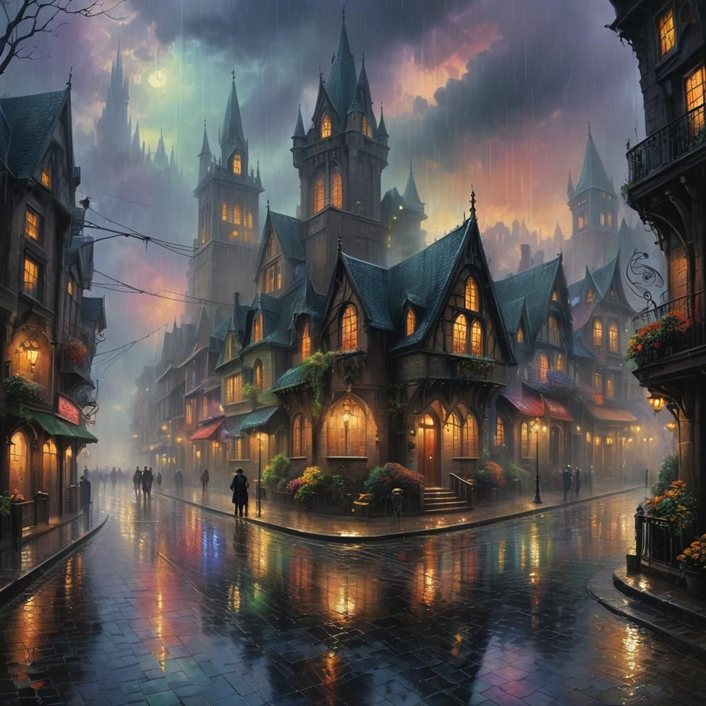 Gothic City Bathed in Multicolored Rain