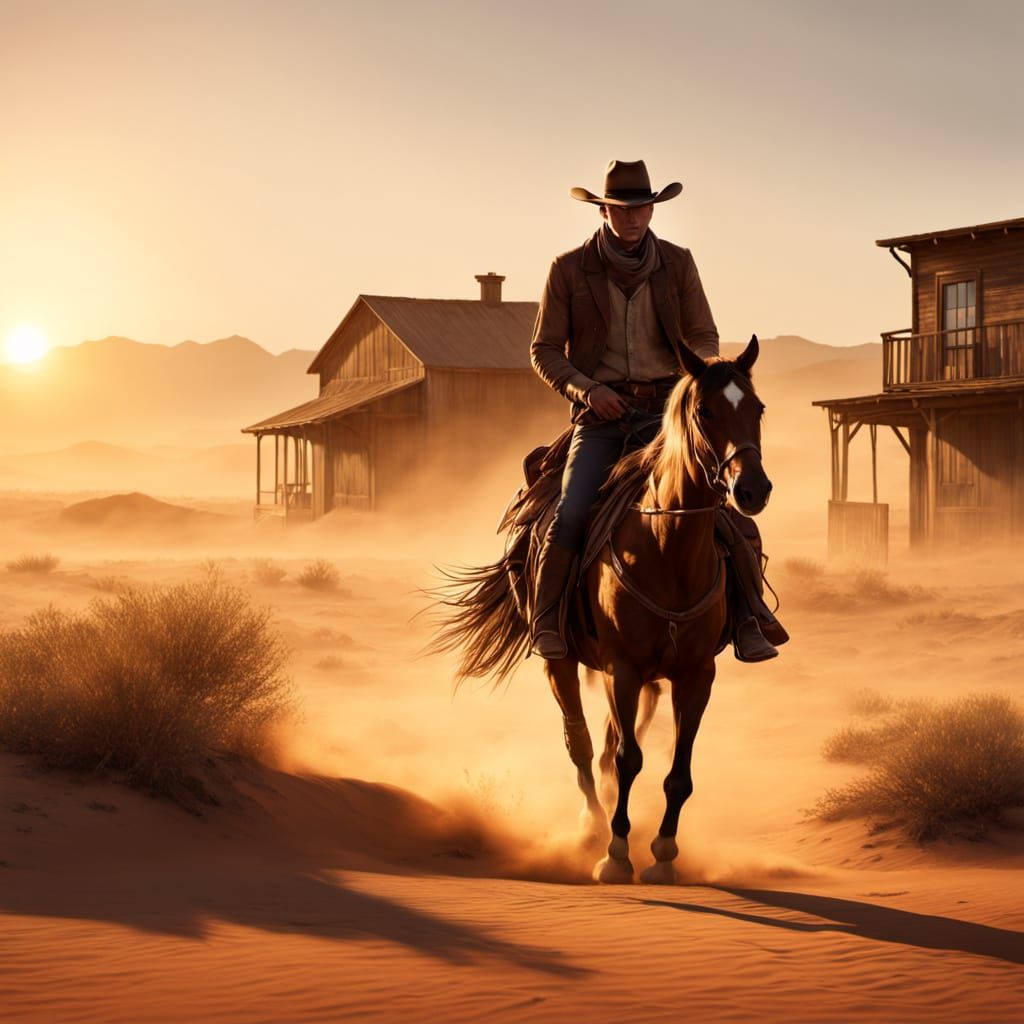 Lone Cowboy Rides Through Dusty Sunset