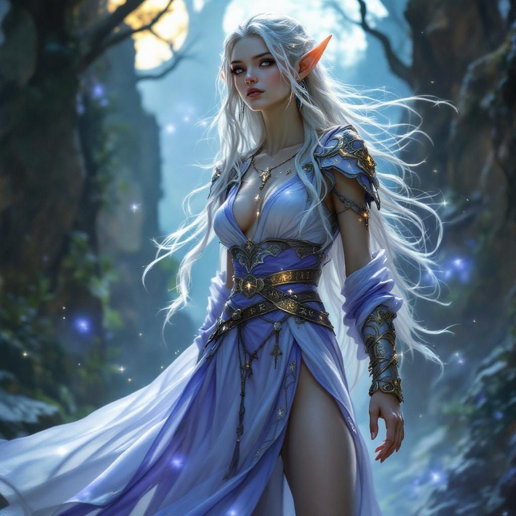 Ethereal Elf Woman in Moonlit Fantasy Style
