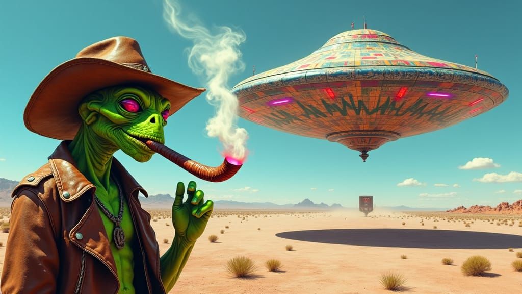 Alien Cowboy Smokes Cigar Near Graffiti UFO