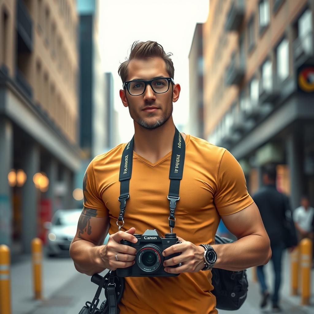 Attractive Man with Camera in Urban Setting