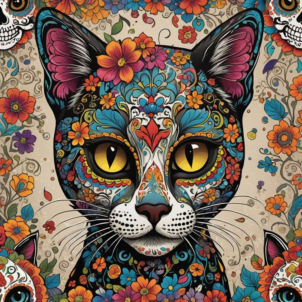 Sugar Skull Cat with Floral Details