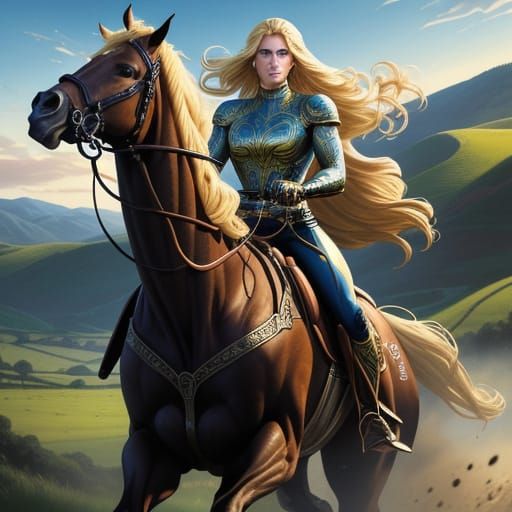 Blonde Woman Riding Horse in Comic Book Style