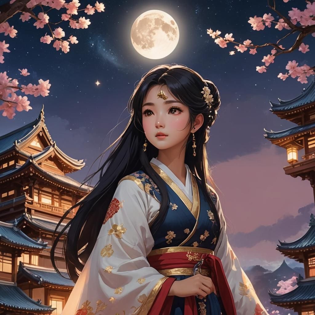 Thai Girl Gazing at Moon in Anime Style