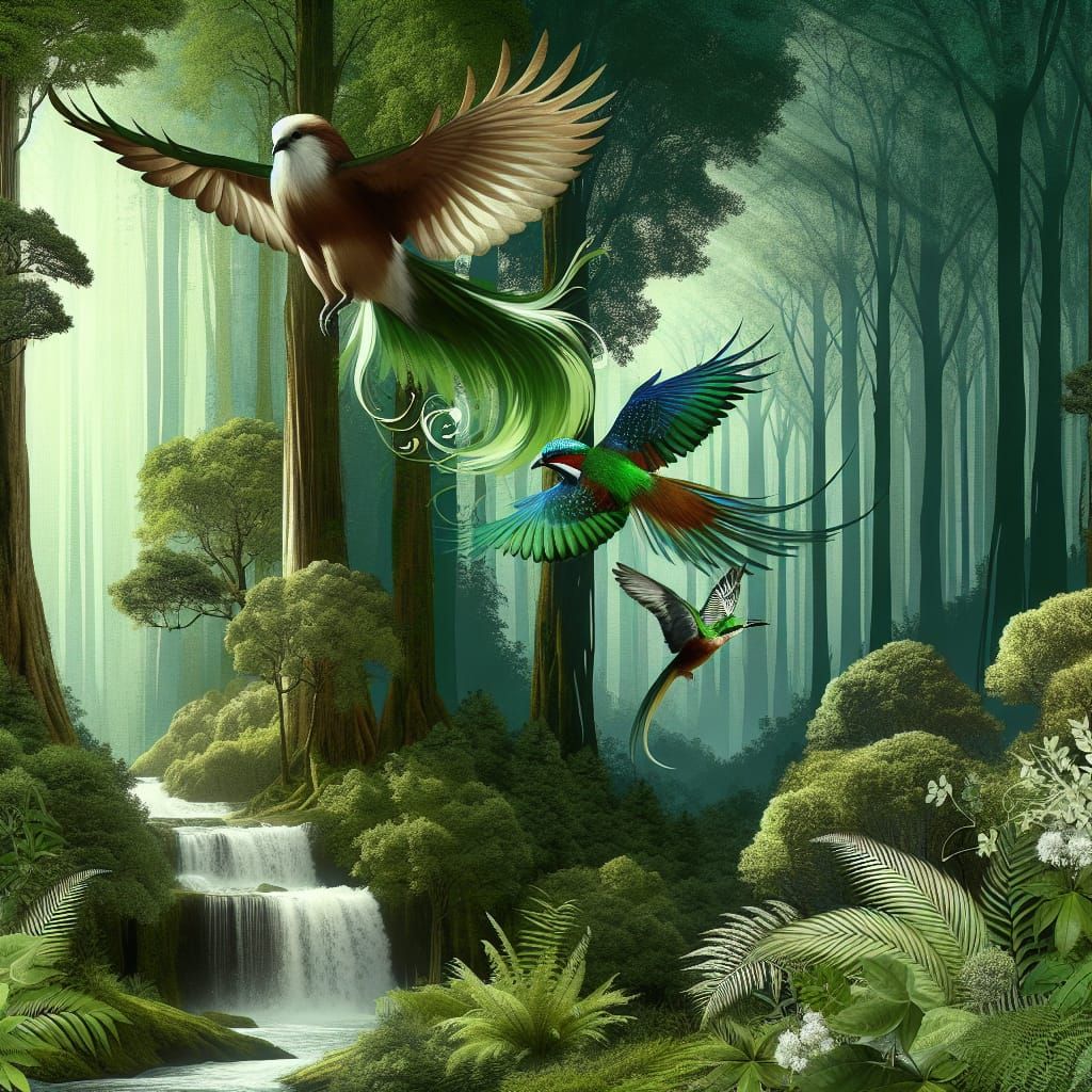 Verdant Forest Scene with Birds in Flight