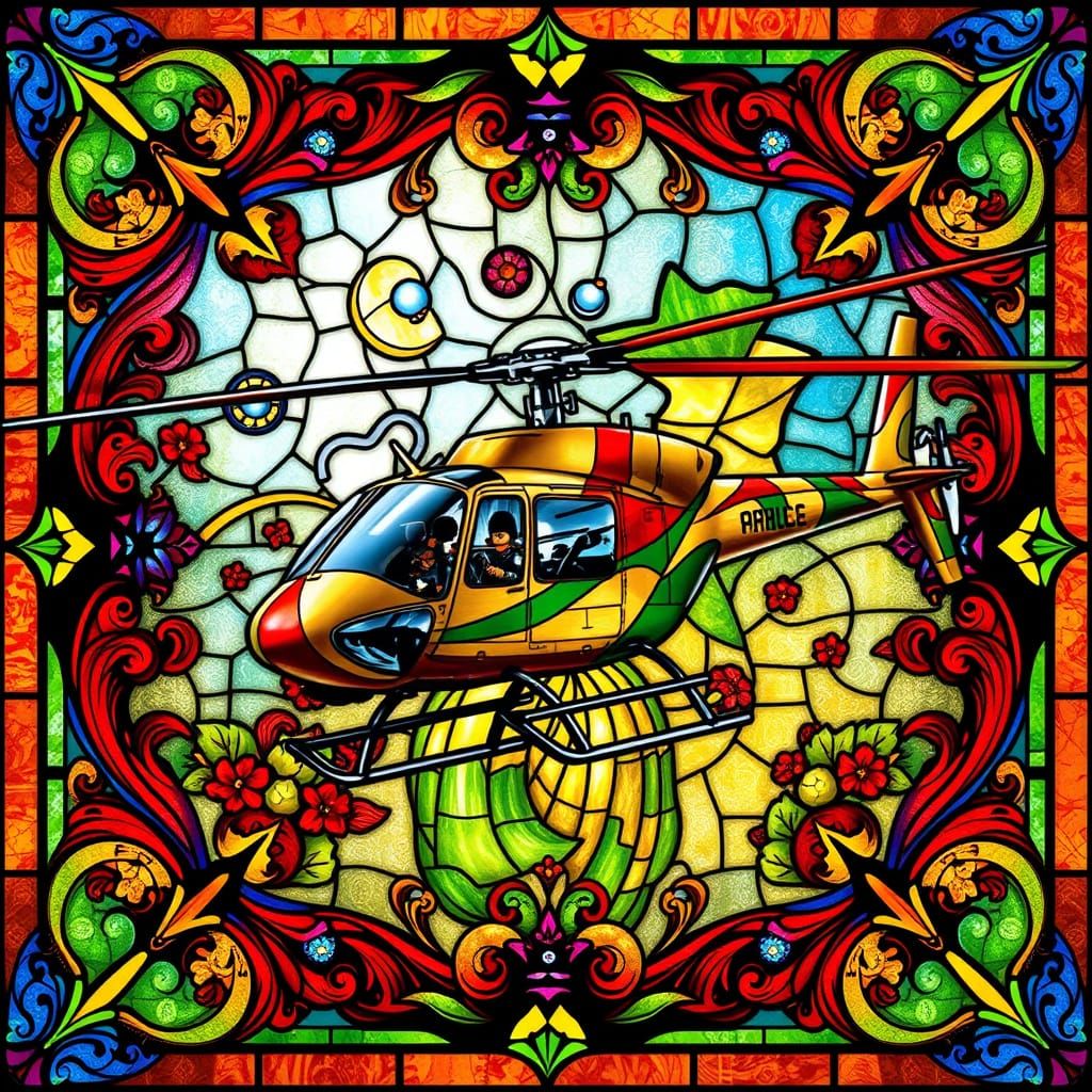Vibrant Stained Glass Artwork with Airwolf Helicopter